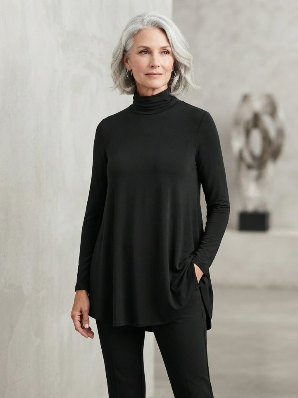 Eileen Fisher Relaxed Fit Viscose Jersey Turtleneck Tunic Black Medium - Picture 7 of 7